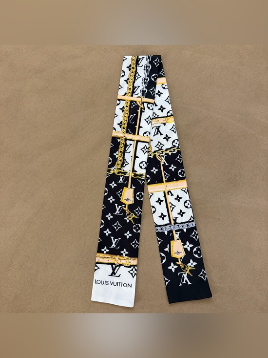 Accessories - Monogram Chain & Lock Silk Twilly Scarf Black White Luxury Accessory